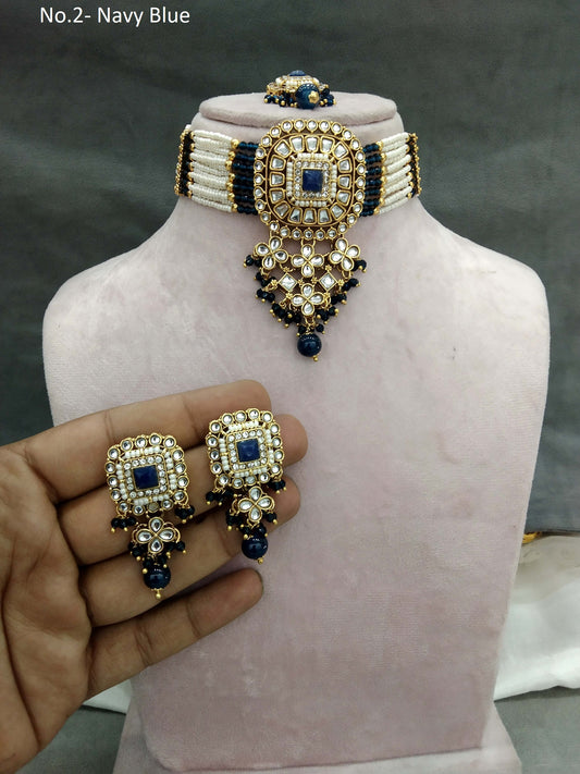 Indian Jewellery Gold Pista Navy Blue  Kundan choker Set/ kundan choker Priya Jewellery Set