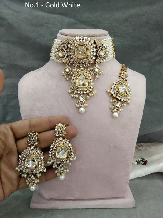 Indian Jewellery Gold White Kundan choker Set/ kundan choker Kundan Meet Set