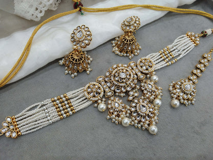 Indian Jewellery  Kundan Gold White choker Set/ kundan choker Kundan Siya Necklace Set