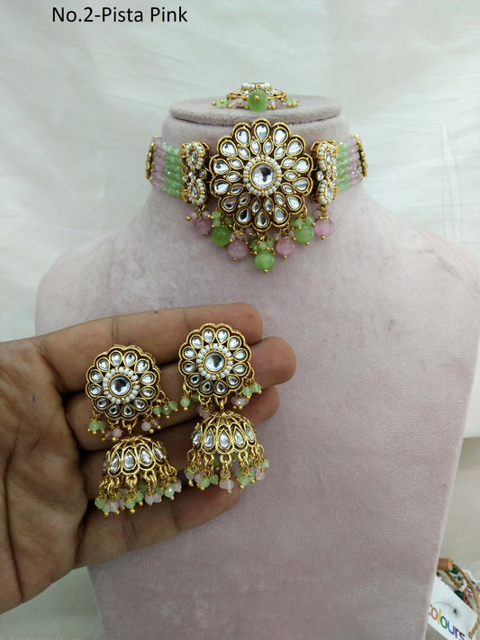 Pista Pink Choker Set Indian Jewellery Gold  Kundan choker Set/ kundan choker Setin Set