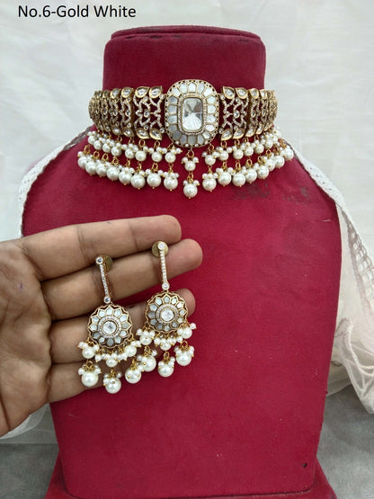 Choker Set Mother of pearl Indian Jewellery  Gold White  Kundan choker Set/ kundan choker Mohini Set