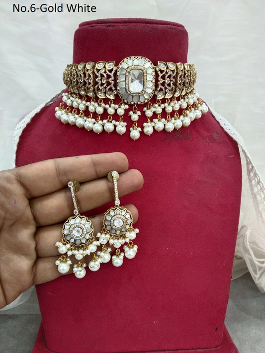 Choker Set Mother of pearl Indian Jewellery  Gold White  Kundan choker Set/ kundan choker Mohini Set