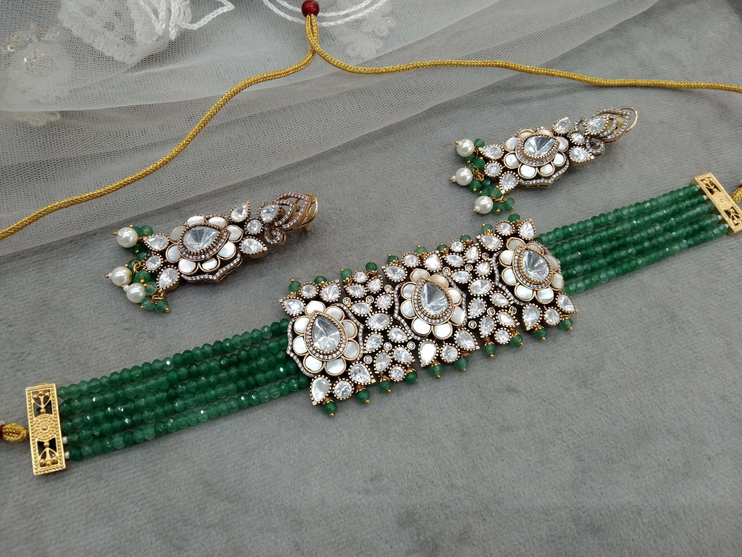 Choker Set Mother of Pearls Indian Jewellery/ Green Kundan choker Set/ kundan choker Mohini Set