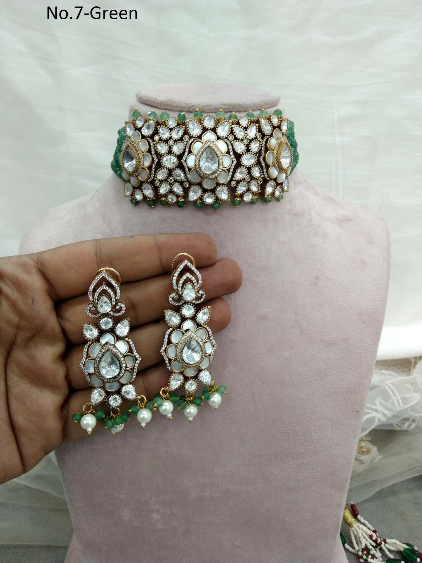 Choker Set Mother of Pearls Indian Jewellery/ Green Kundan choker Set/ kundan choker Mohini Set