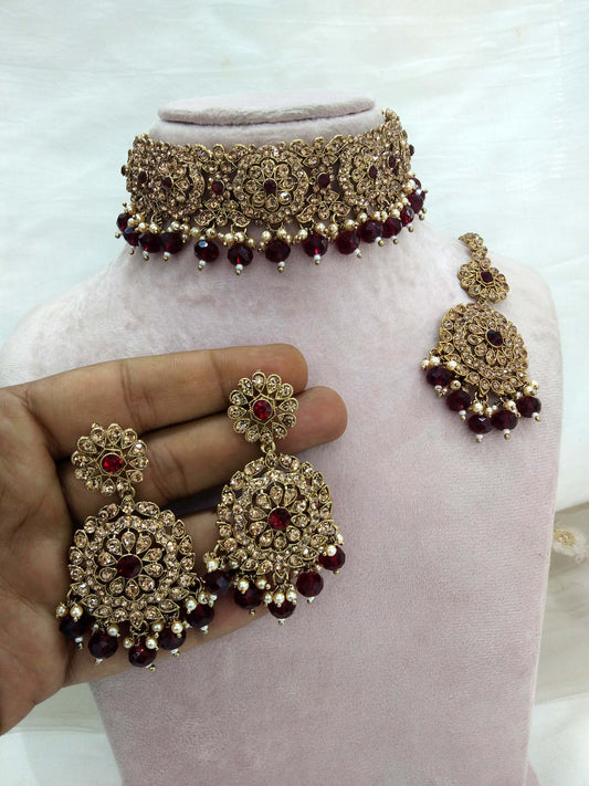 Choker Set Gold Maroon Set/ Bollywood Jewellery/dark gold Indian choker necklace heena set