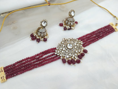 Moissanite Maroon choker jewellery Set /Indian choker  Set/ Indian sweety Jewellery