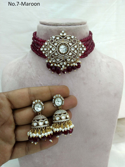 Moissanite Maroon choker jewellery Set /Indian choker  Set/ Indian sweety Jewellery