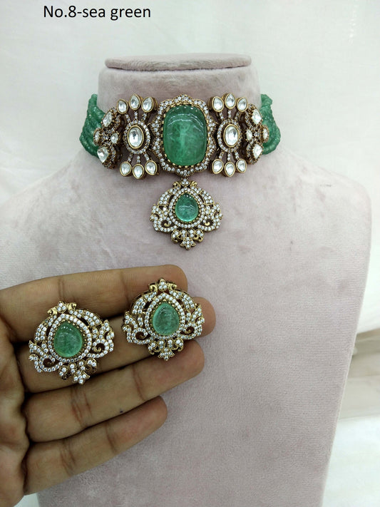 Sea green Moissanite choker jewellery Set /Indian choker  Set/ Indian sweety Jewellery