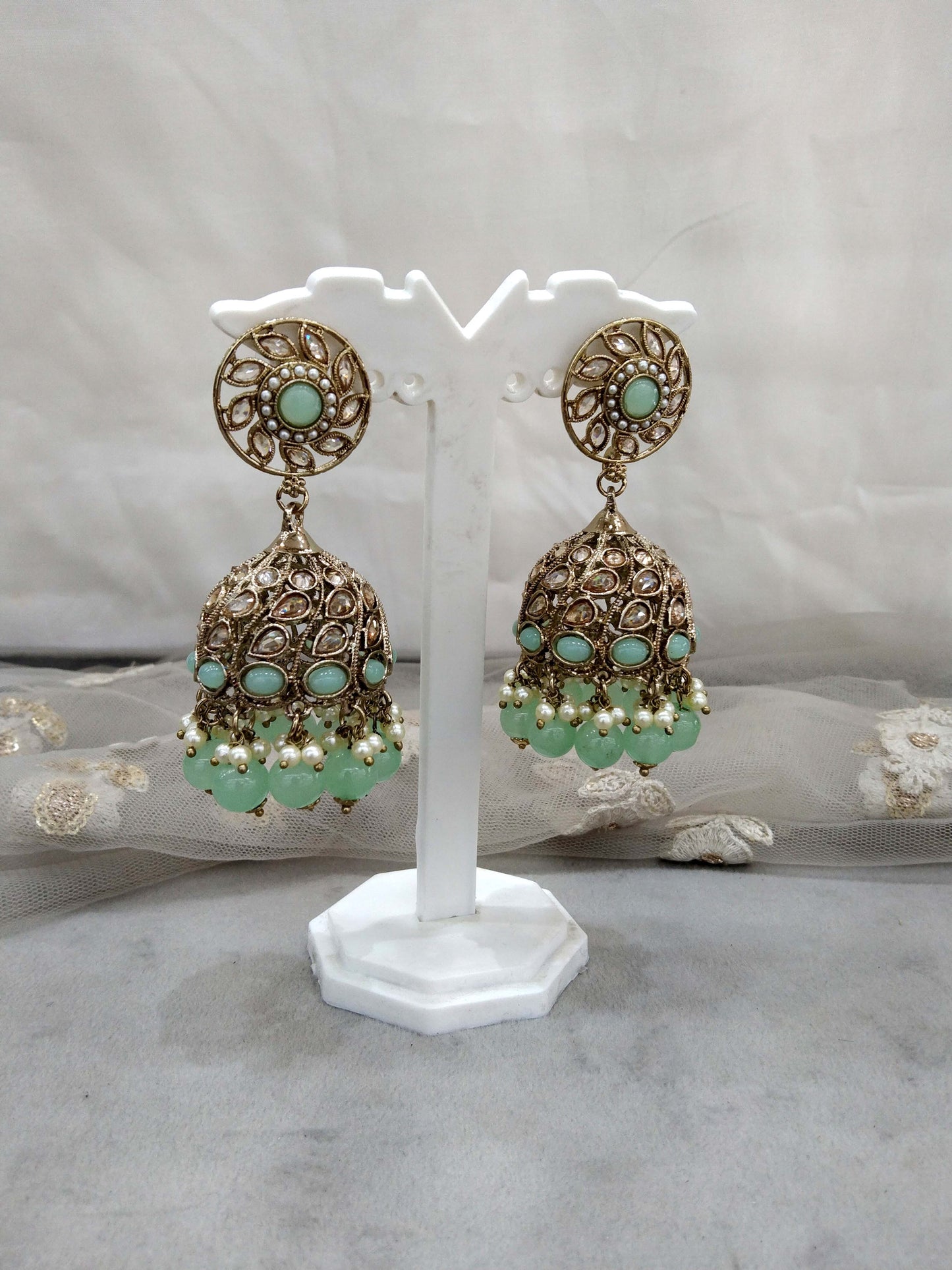 Antique Gold Indian pista  jhumka Earrings Jewellery/  Punjabi Jhumka Earrings  Suman Set