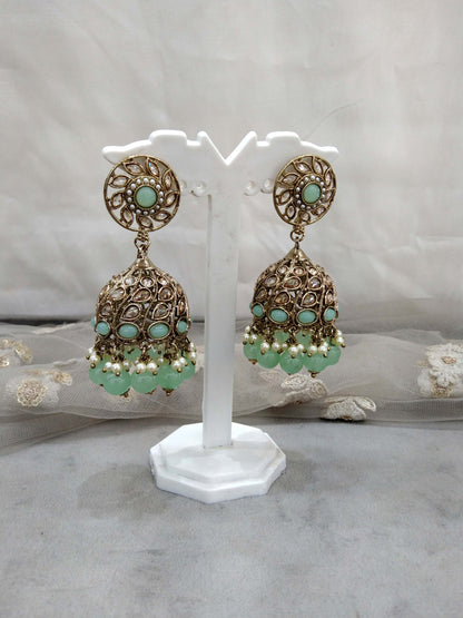 Antique Gold Indian pista  jhumka Earrings Jewellery/  Punjabi Jhumka Earrings  Suman Set
