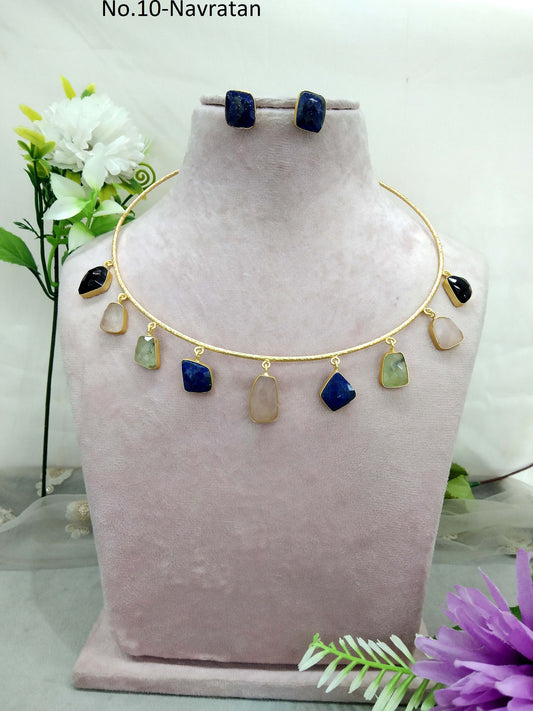 Gold Navratan western style uncut stone Necklace Set /Indian Necklace Set/ Indian sumu Jewellery