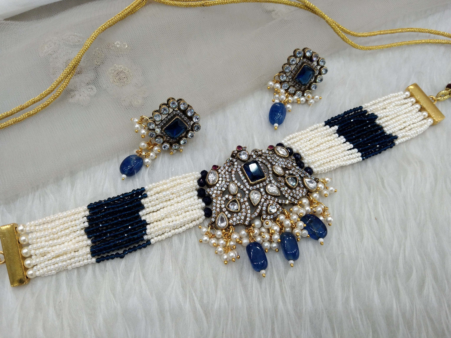 Moissanite kundan Gold Blue choker Indian Jewellery jassi Wedding Set