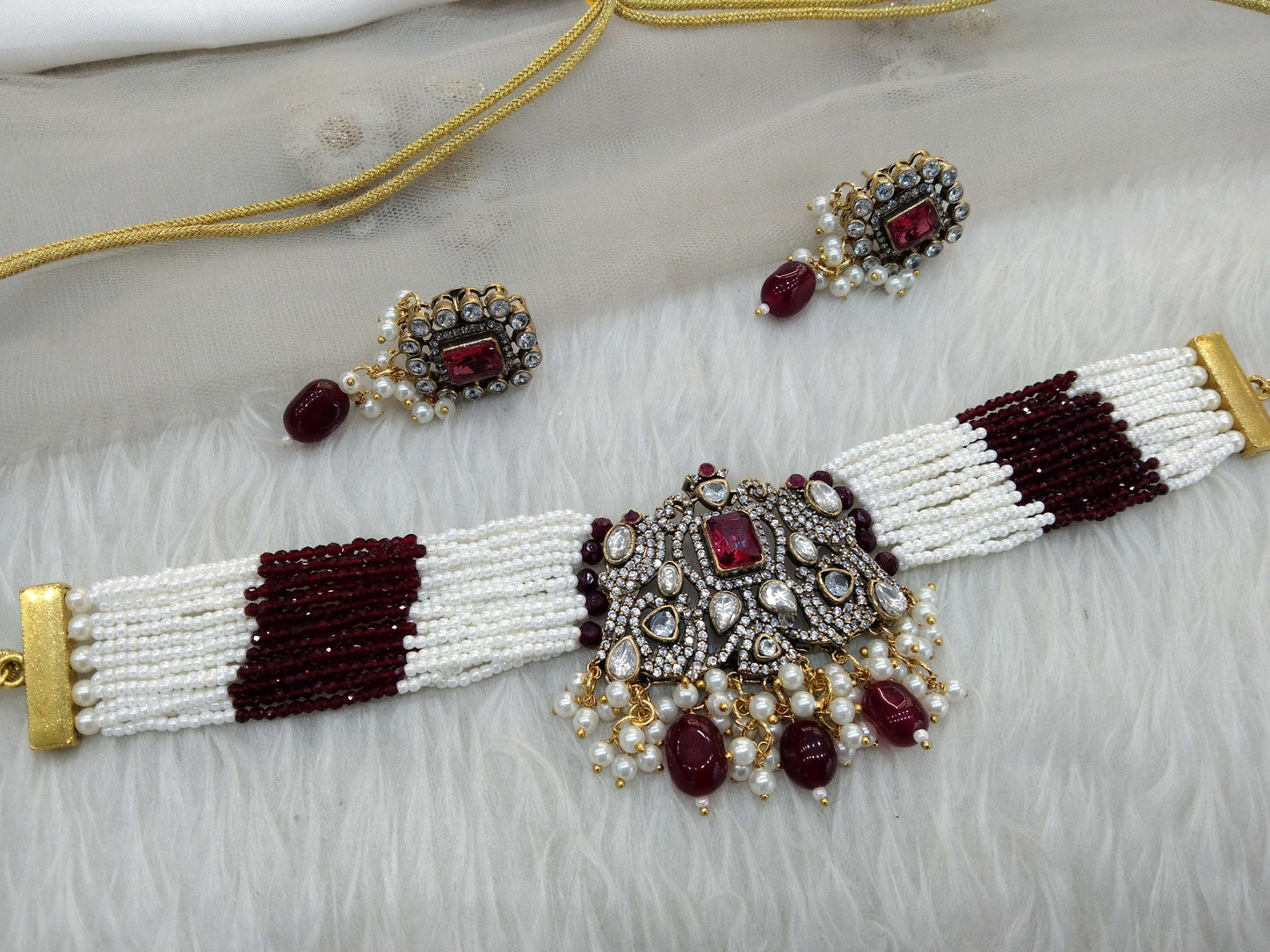 Indian kundan Jewellery Gold Maroon choker Indian Jewellery jassi Wedding Set