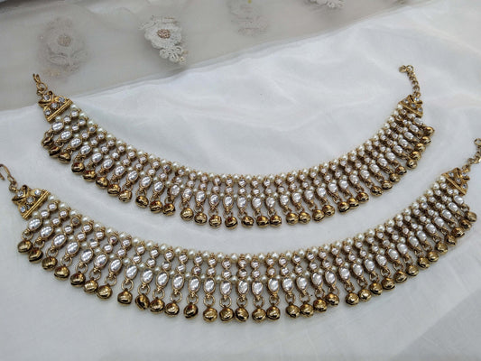 Gold finish kundan anklets Foot Pair Bracelet  Indian Payal Jhanjar  Jewellery