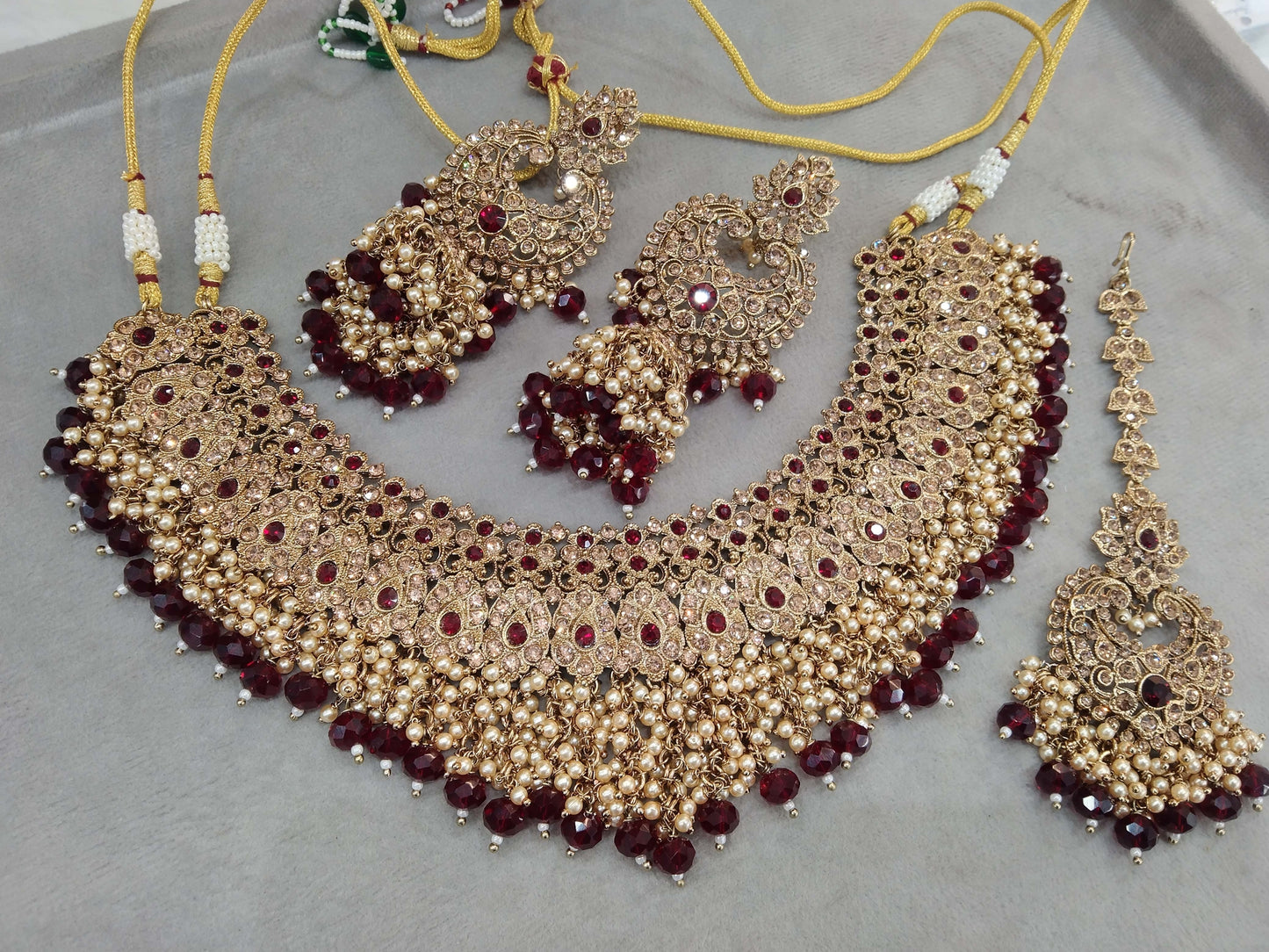 Indian Jewellery/Semi Bridal Gold Maroon  Jewellery Necklace Shallu Set