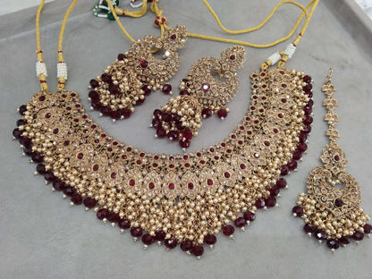 Indian Jewellery/Semi Bridal Gold Maroon  Jewellery Necklace Shallu Set