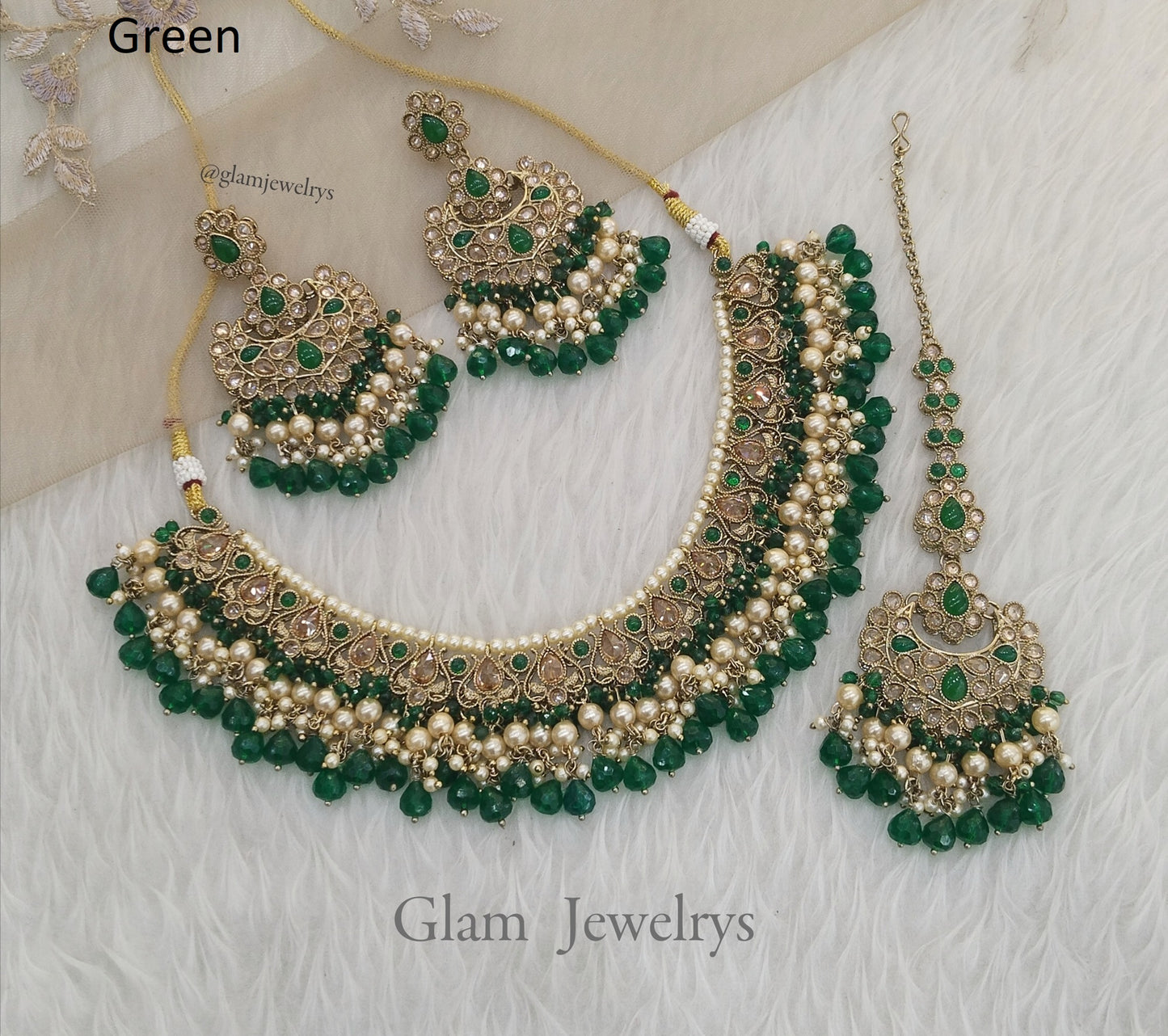 Indian  Jewellery Antique Gold Green necklace Tikka Set/ Parisha