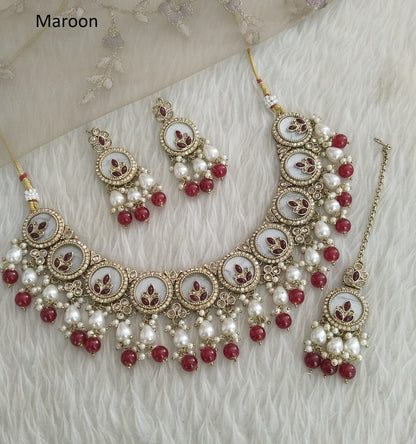 Indian  Jewellery Antique Gold Maroon necklace Tikka Set/ Daisy