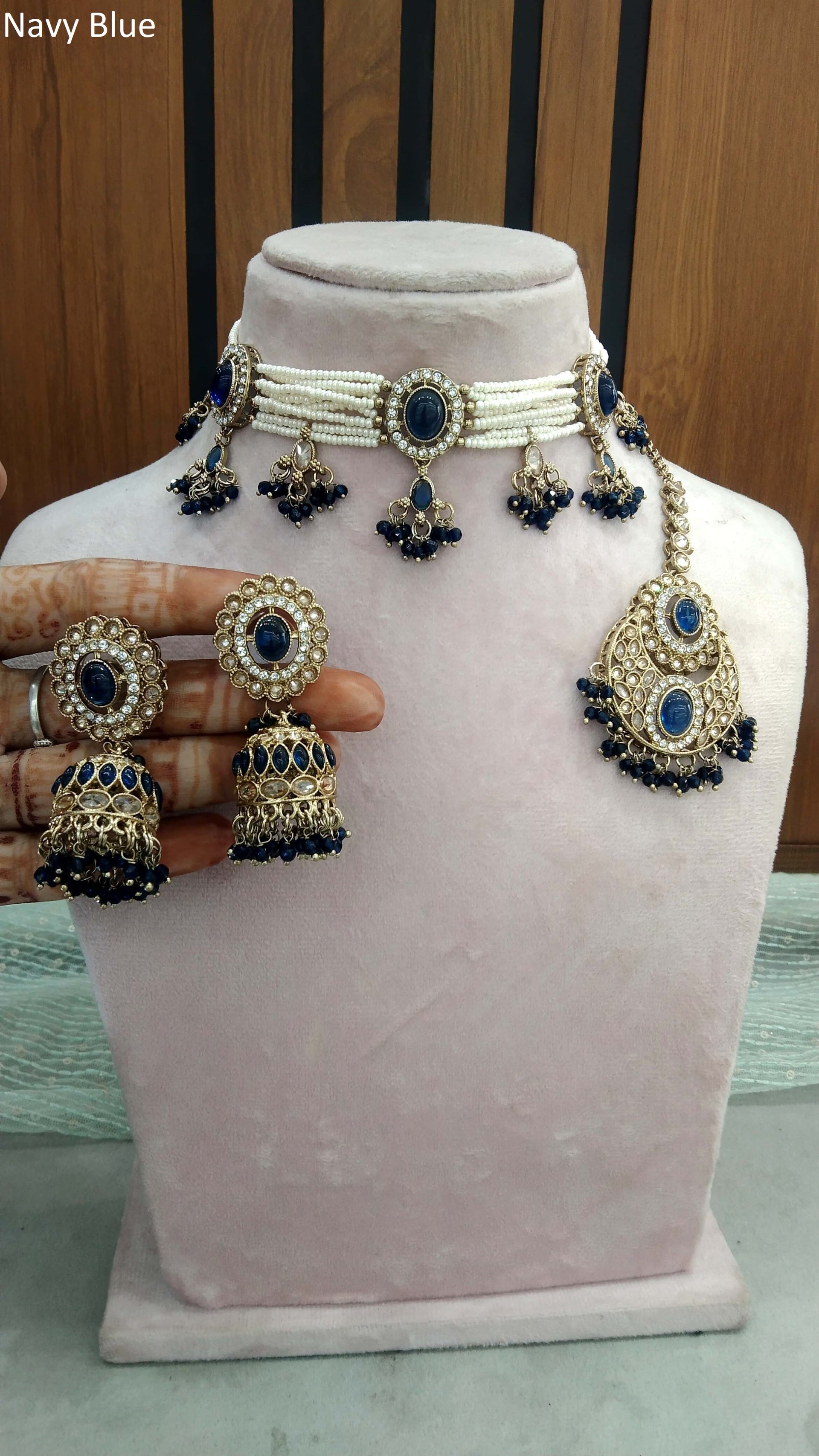Antique Gold Navy Blue Choker Set/ Dark Gold Indian Bridal Juliet - Main Image