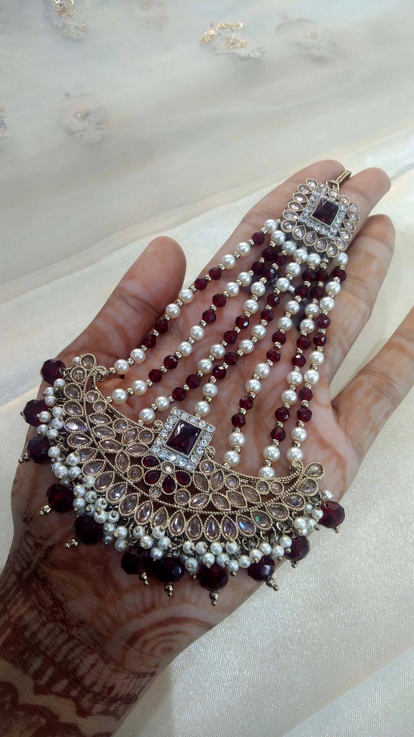 Antique Gold finish Maroon Passa Jhumar Jhoomer Bridal Headpiece