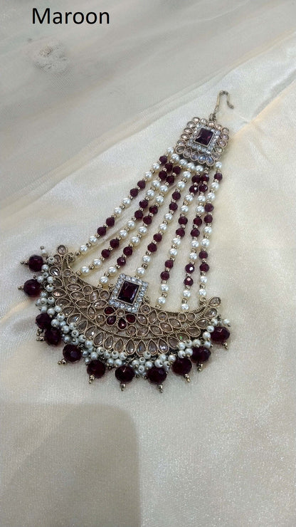 Antique Gold finish Maroon Passa Jhumar Jhoomer Bridal Headpiece