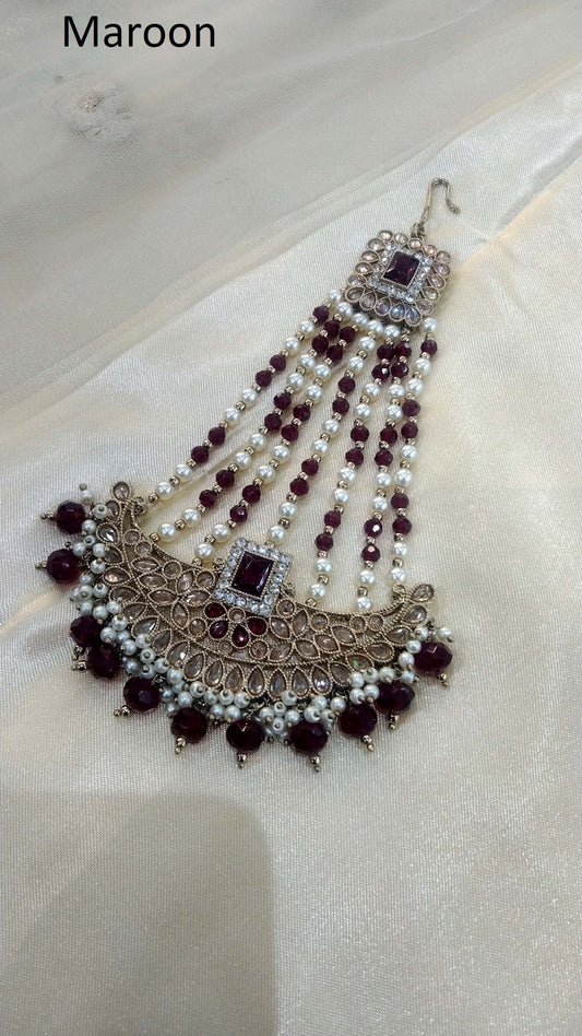 Antique Gold finish Maroon Passa Jhumar Jhoomer Bridal Headpiece