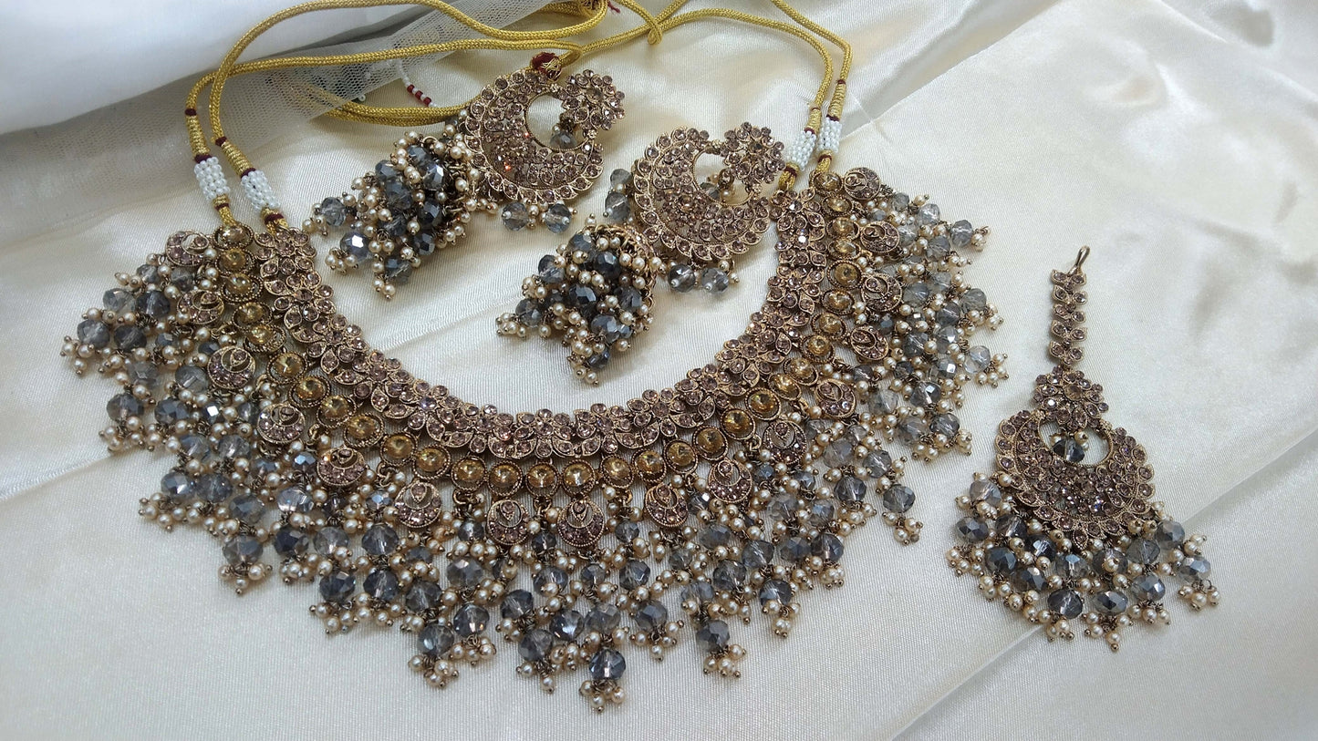 Antique Gold Necklace Set/ Grey  Indian Bridal Miller Jewellery