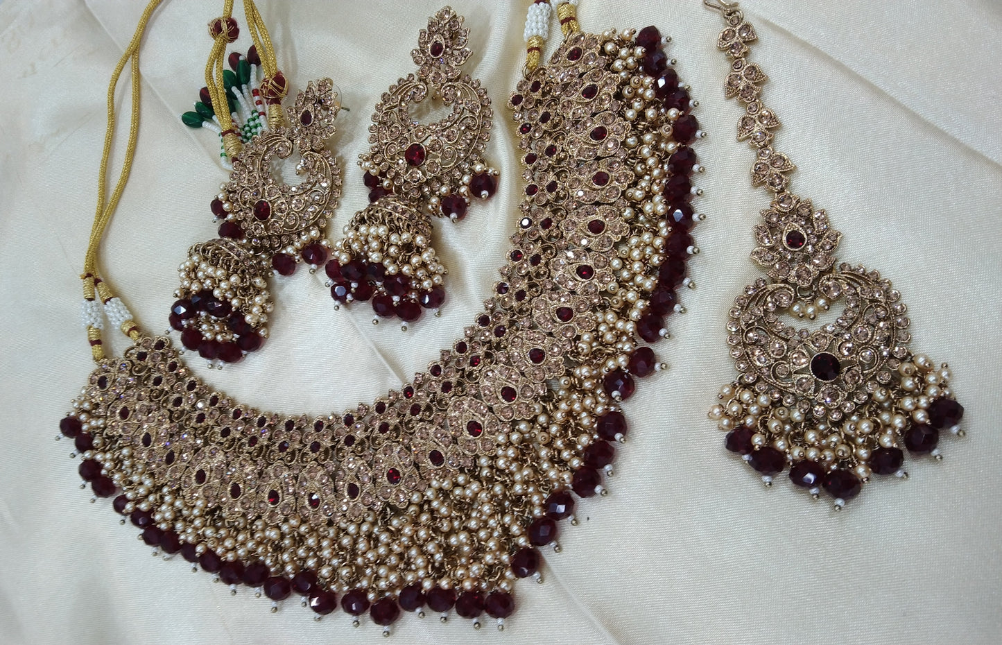 Antique Gold Necklace Set/ Maroon Indian Bridal shallu Jewellery