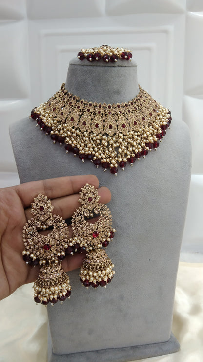 Antique Gold Necklace Set/ Maroon Indian Bridal shallu Jewellery