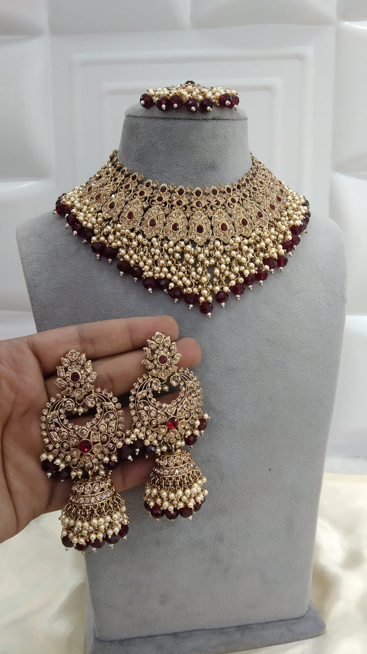 Antique Gold Necklace Set/ Maroon Indian Bridal shallu Jewellery