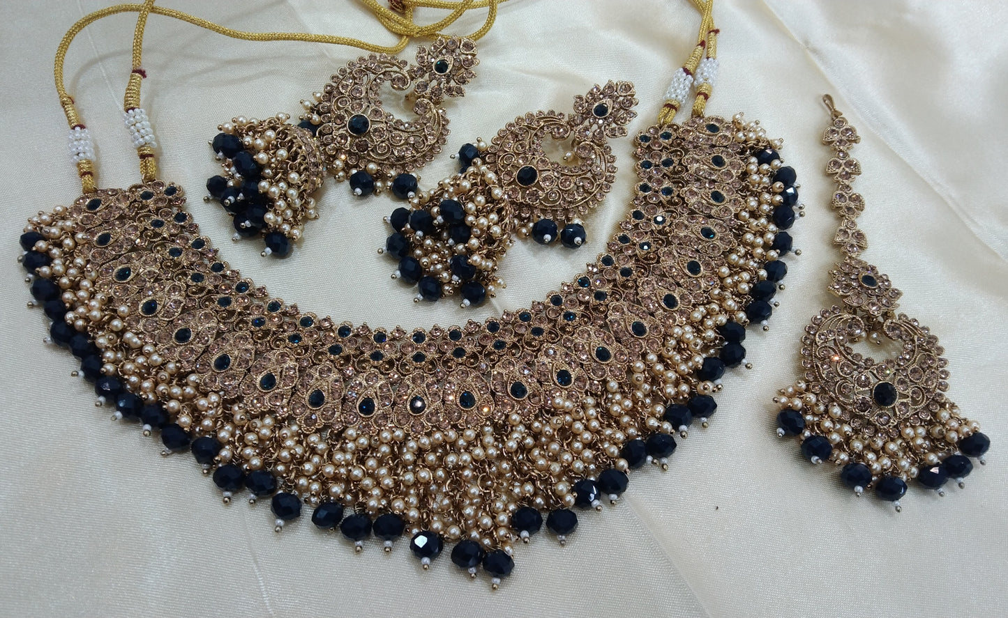 Blue Antique Gold Bridal Necklace Indian Jewellery Shallu Set