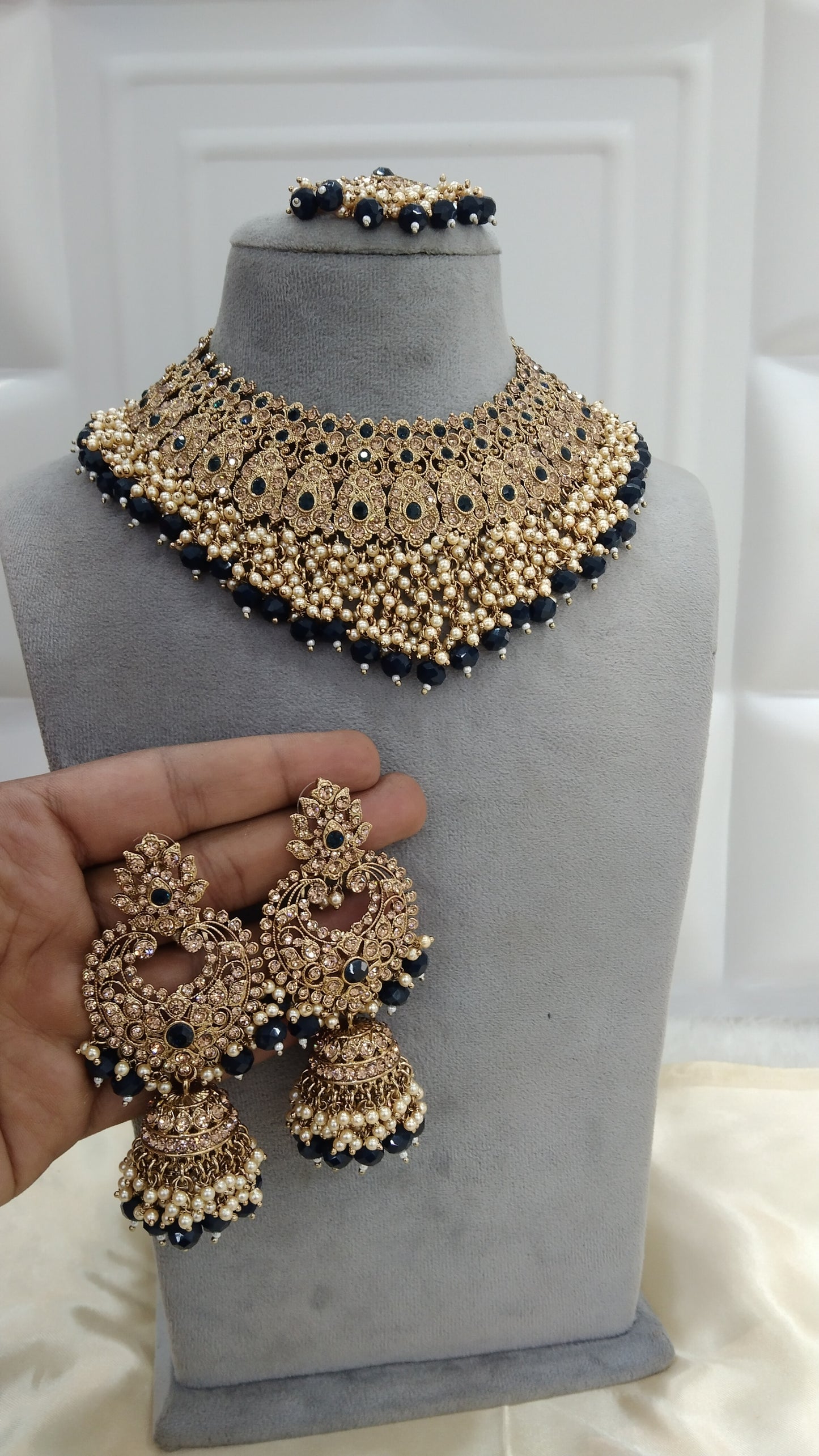 Blue Antique Gold Bridal Necklace Indian Jewellery Shallu Set
