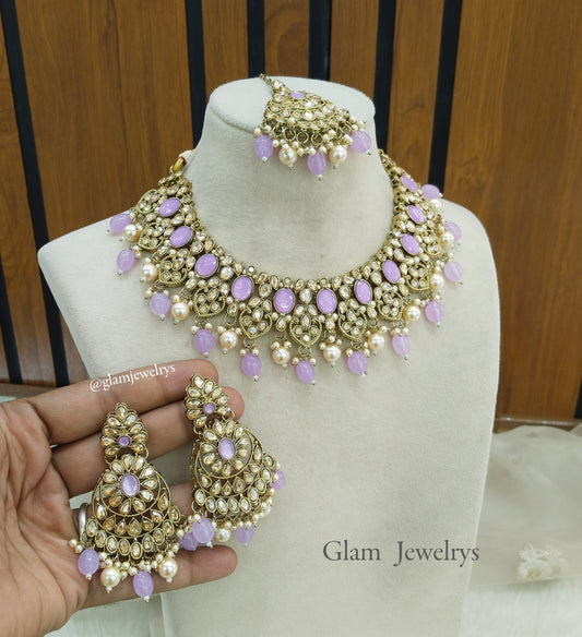 Lavender necklace set/ dark gold necklace Indian rasha jewellery set