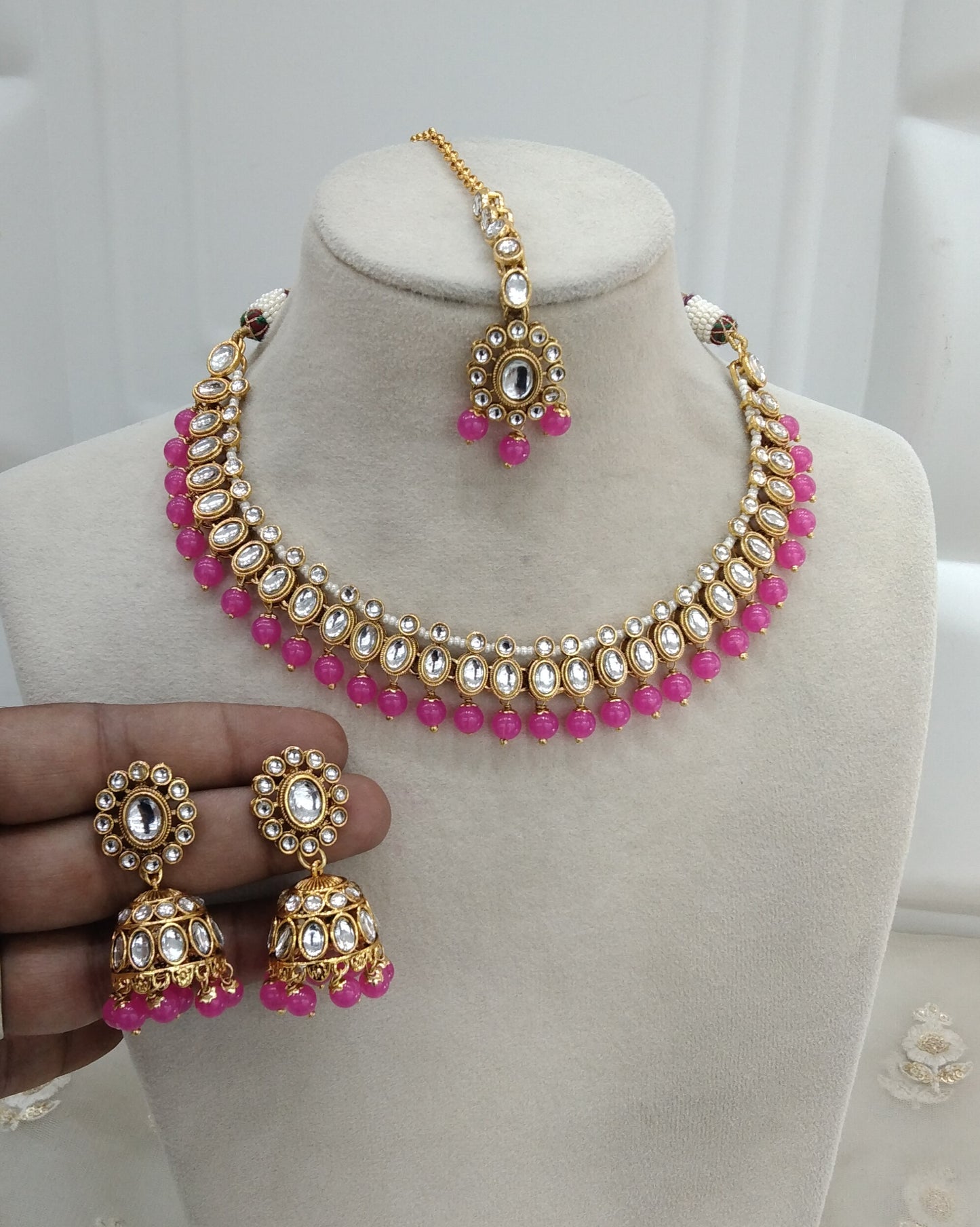 Indian Jewellery Hot Pink kundan Necklace Lisa set