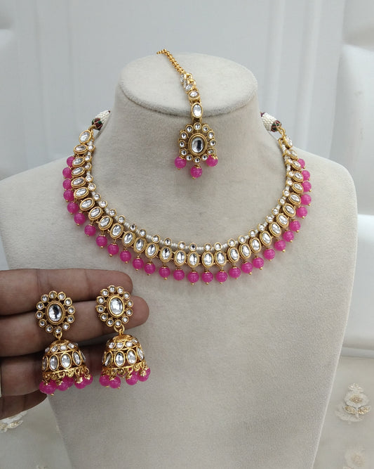 Indian Jewellery Hot Pink kundan Necklace Lisa set