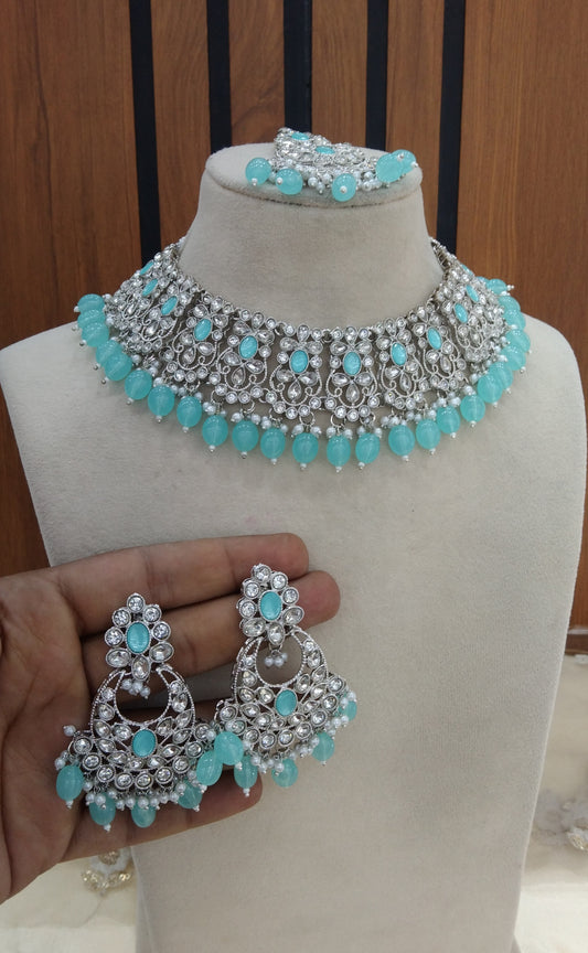 Silver Sky blue necklace Indian Bridal Jewellery liva set