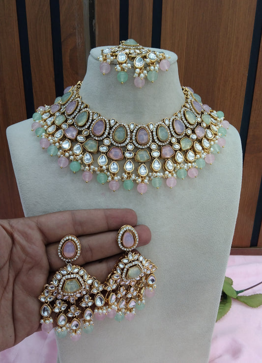 Mint Pink Kundan Necklace Jewellery Jiyaan Set