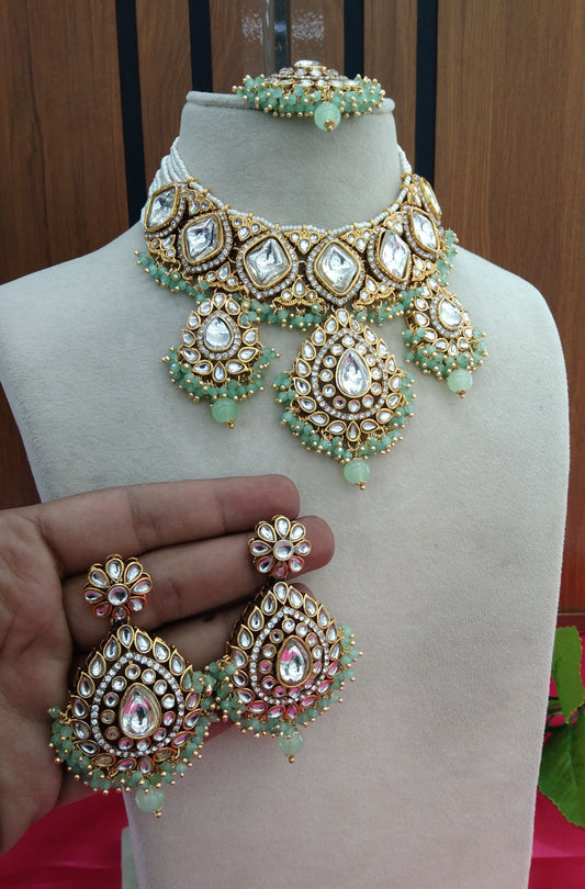 Pista Green Kundan Necklace Jewellery Rose Set