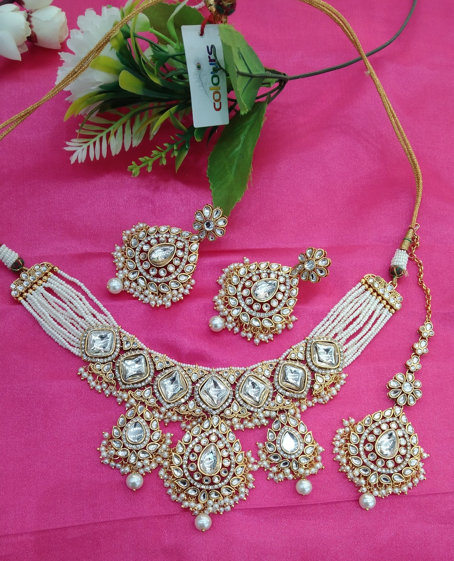 White Kundan Necklace Jewellery Rose Set