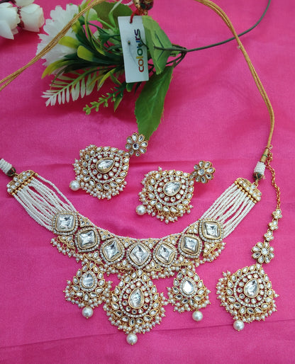 White Kundan Necklace Jewellery Rose Set