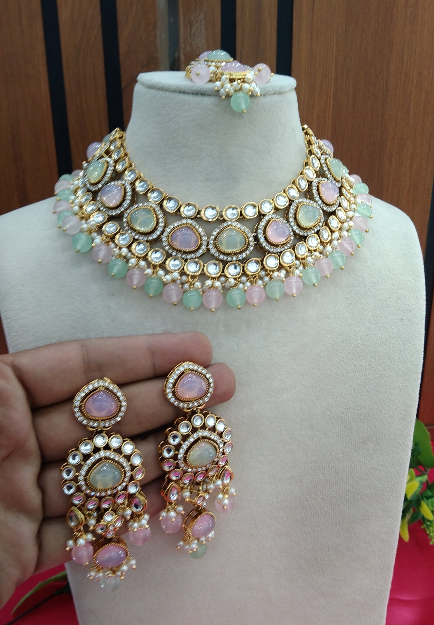 Sea Green Pink Kundan Necklace Jewellery ekadath Set
