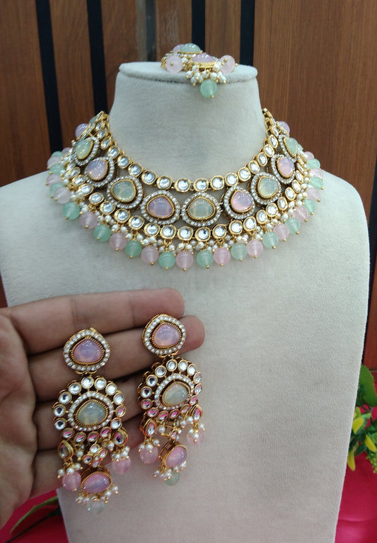 Sea Green Pink Kundan Necklace Jewellery ekadath Set