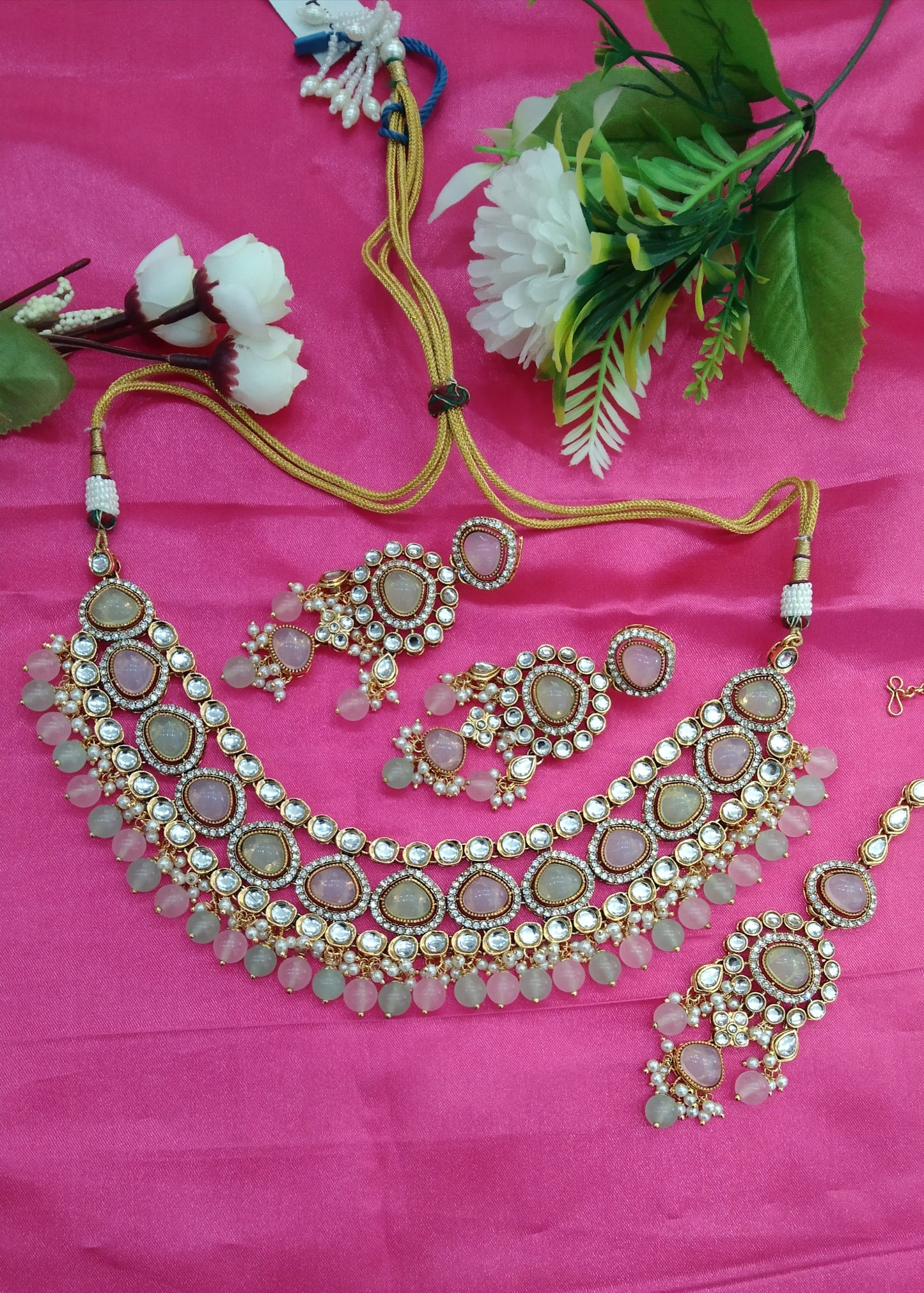 Sea Green Pink Kundan Necklace Jewellery ekadath Set