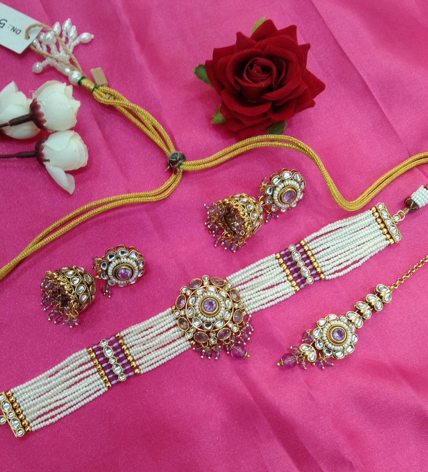 Lavander Kundan Choker Jewellery Fanish Set