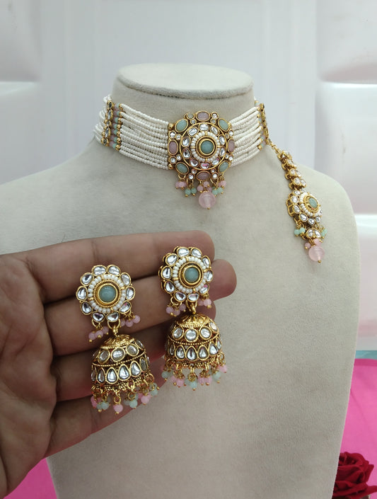 Mint Pink Kundan Choker Jewellery Fanish Set