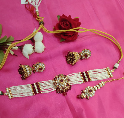 Maroon Kundan Choker Jewellery Fanish Set
