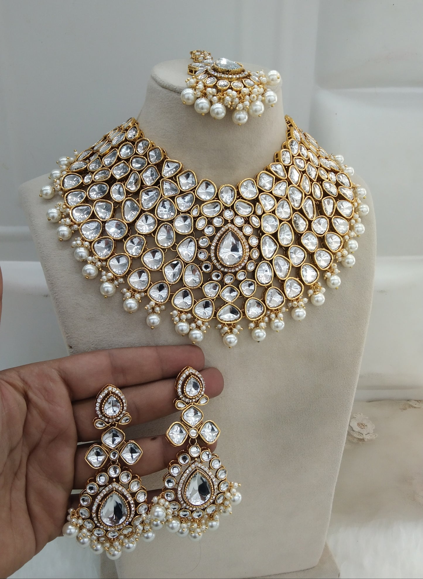 Gold White Bridal Necklace Jewellery Kadir Set