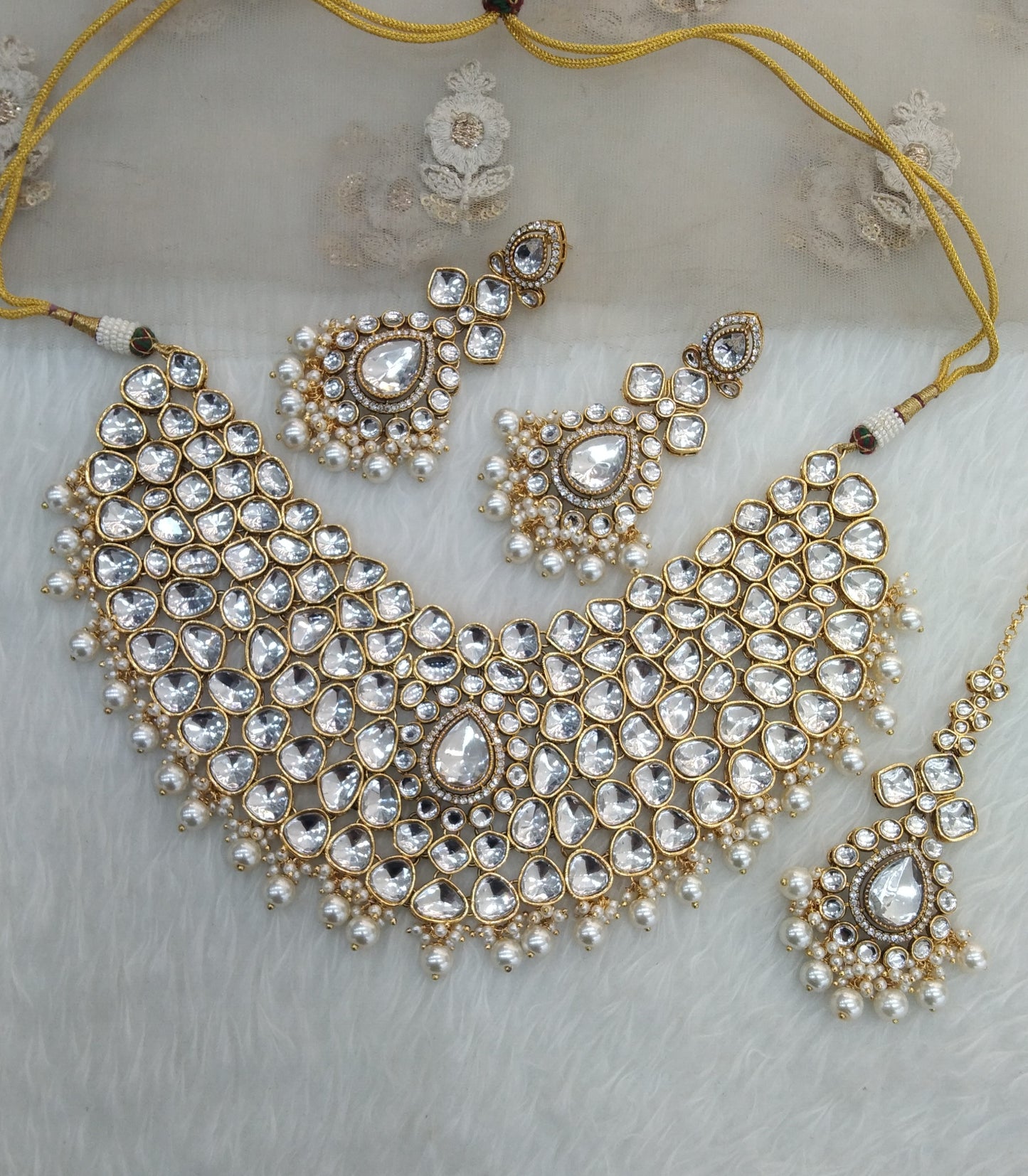 Gold White Bridal Necklace Jewellery Kadir Set