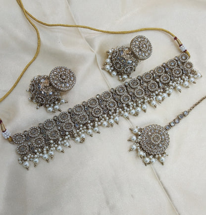 Antique Crystal White Choker Indian Mika jewellery set