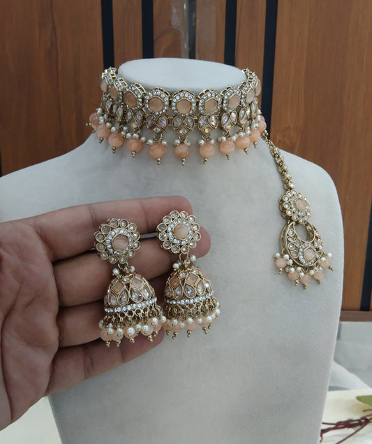 Peach Choker Indian Malika jewellery set